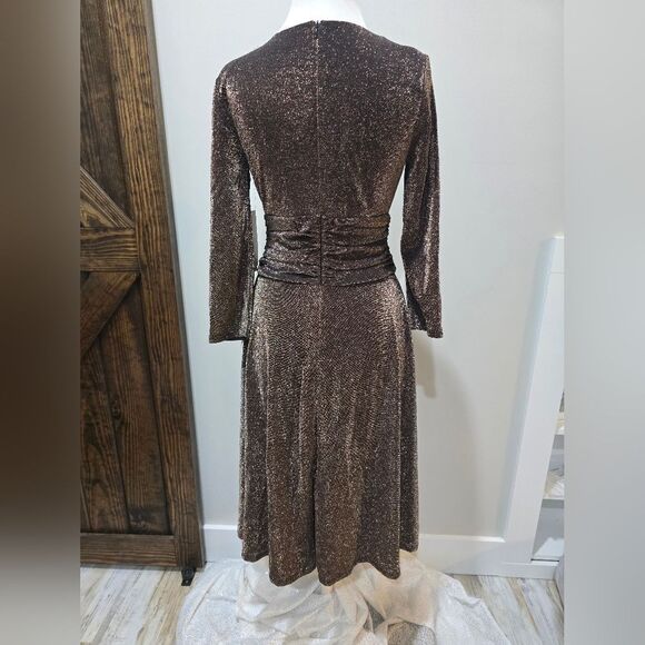 Eliza J Brown Metallic Long Sleeve Faux Wrap Cocktail Dress NWT size 6 - Picture 4 of 6
